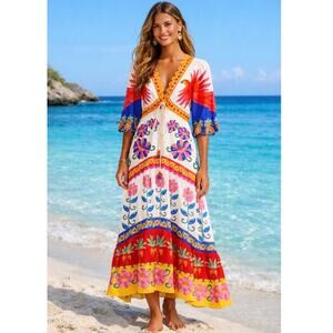 Farm Rio Vivid Garden Off-White Maxi Dress XS Floral Boho Tie Front